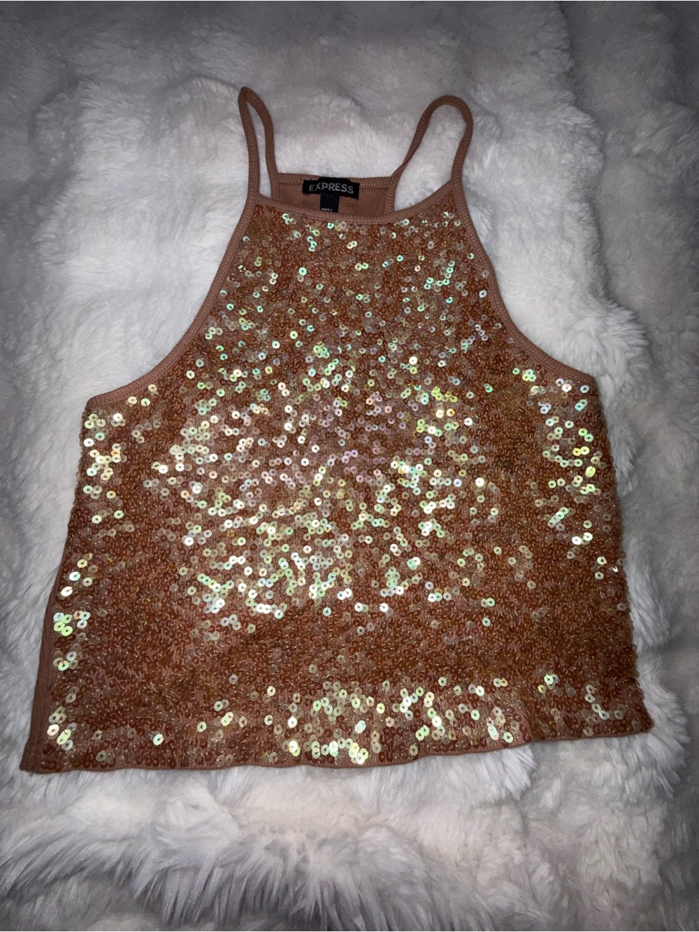 Express Rose Gold Sequin Halter Crop Top